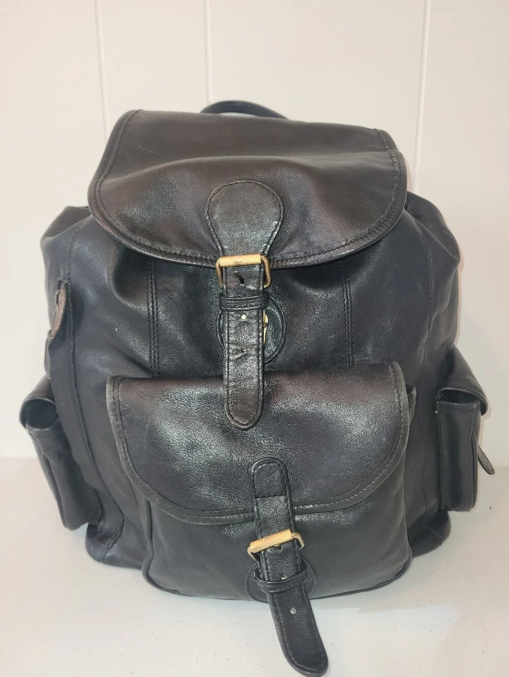 M. London Vintage Black Leather Patinaed Backpack Multi Pocket Drawstring Close